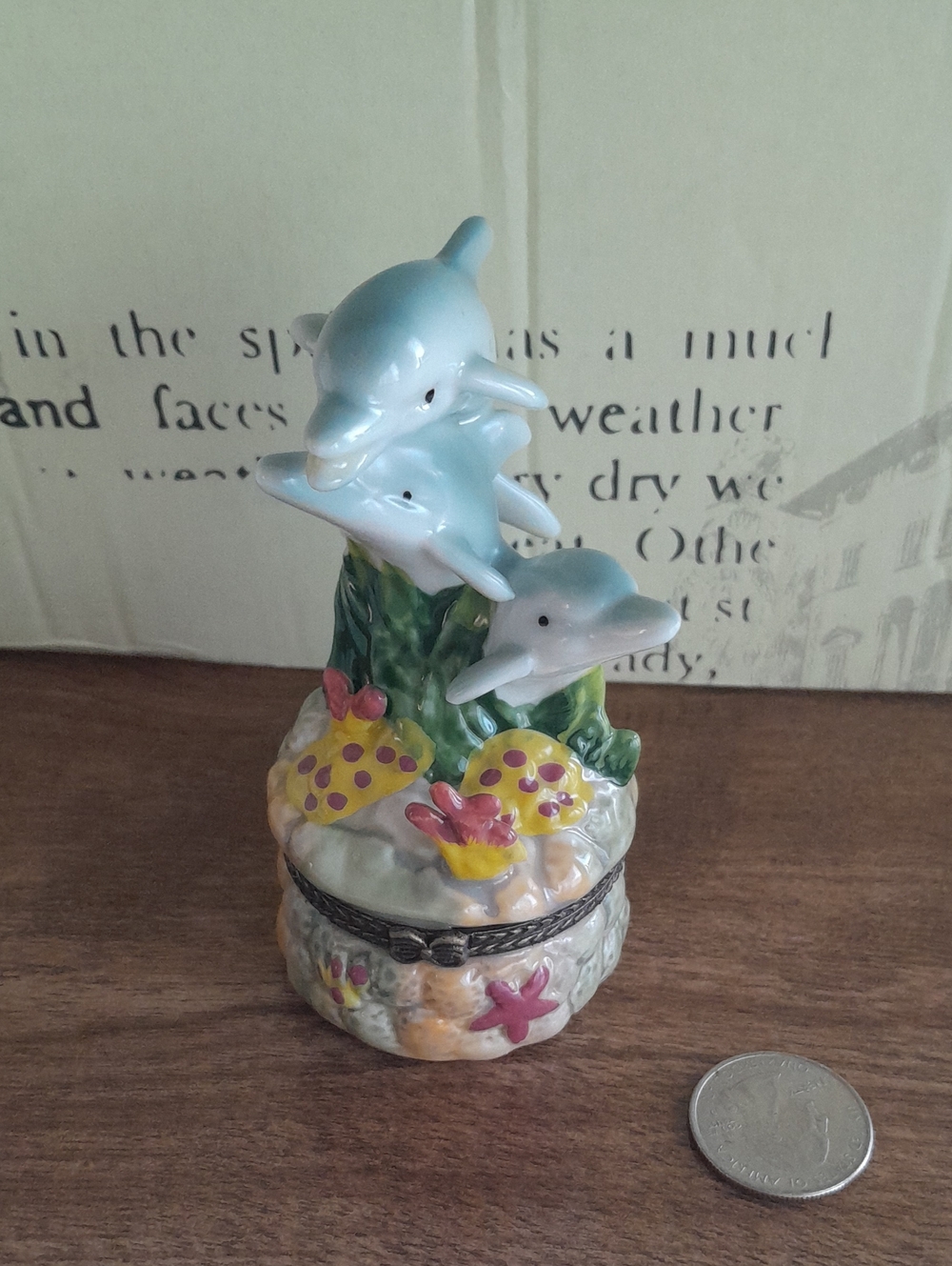 Porcelain Dolphin Trinket Box - Light Blue Decorative Jewelry Keeper